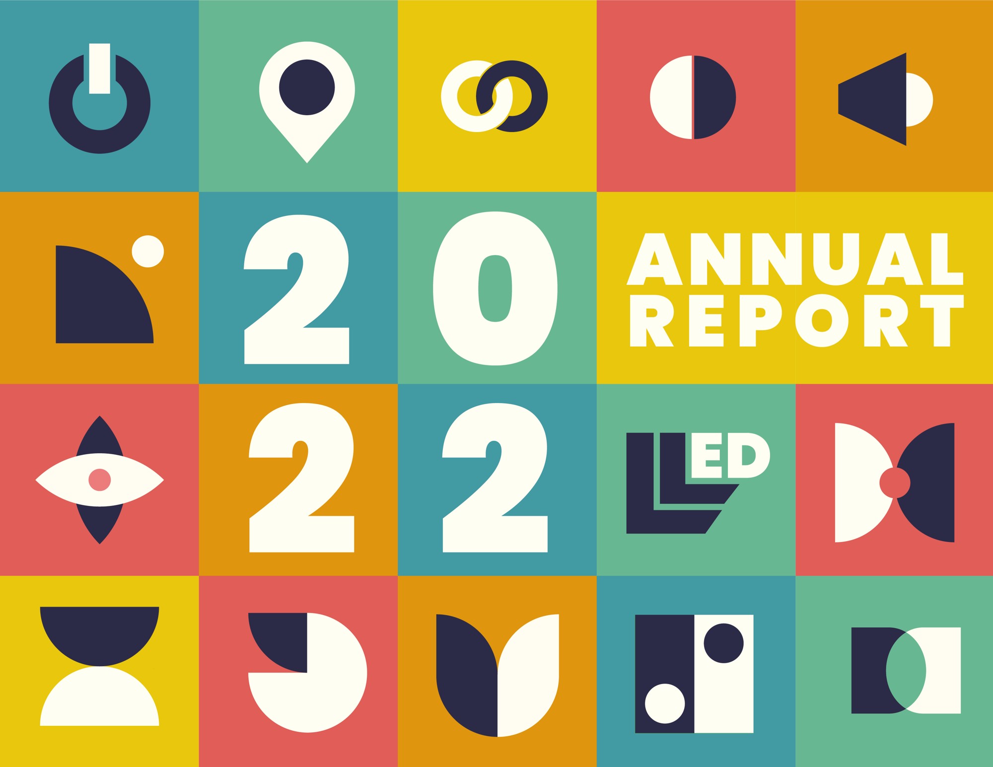 2022 Annual Report cover — a grid of Bauhaus-inspired icon tiles with the year built into the grid