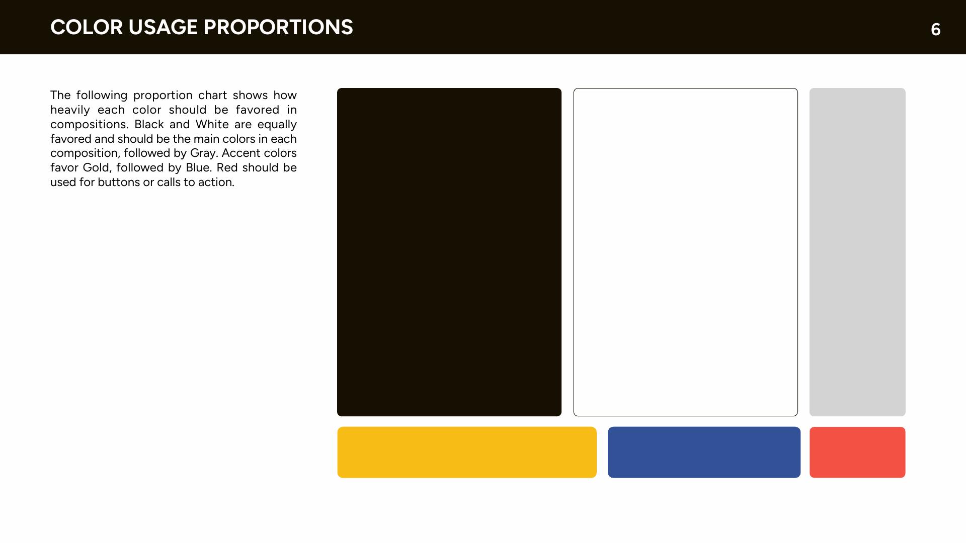 Color usage proportions — black and white dominant, accents minimal