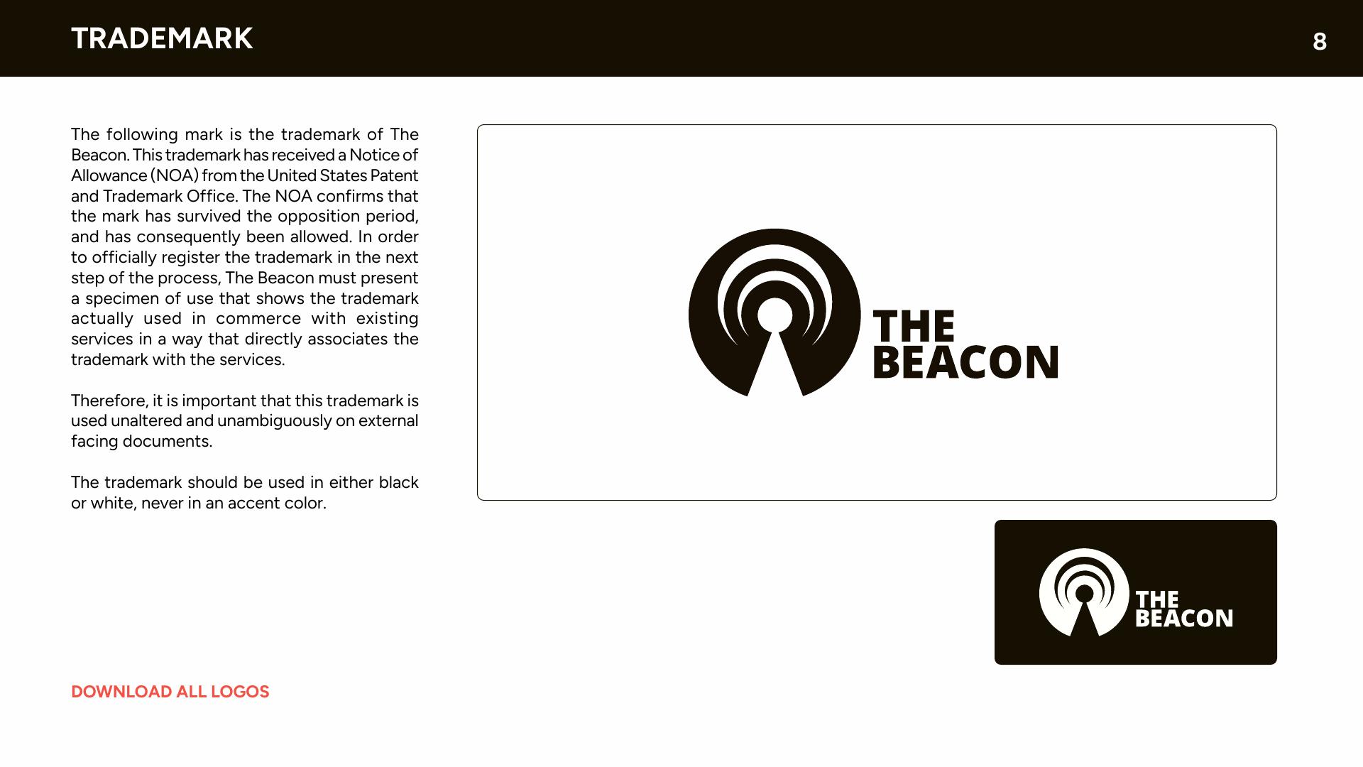Trademark page from The Beacon brand book explaining the Notice of Allowance and unaltered-use requirement
