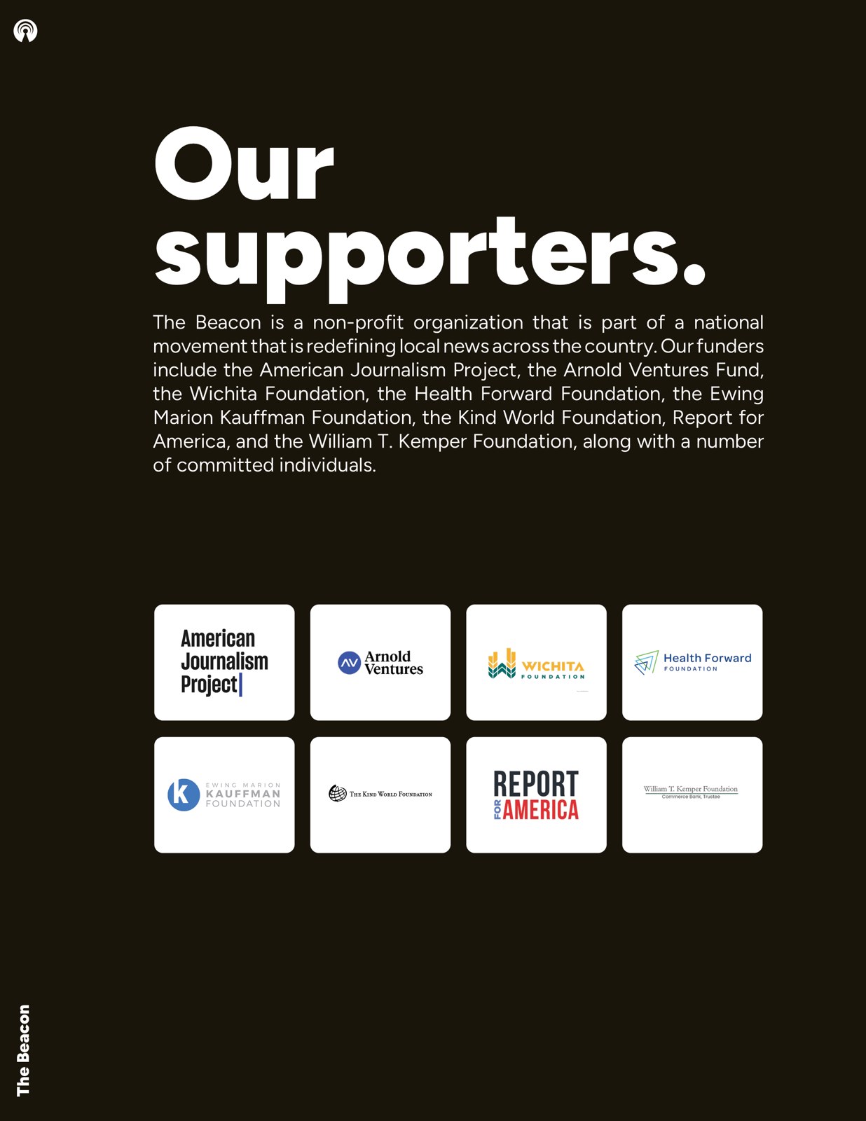 Our supporters page with funder logos