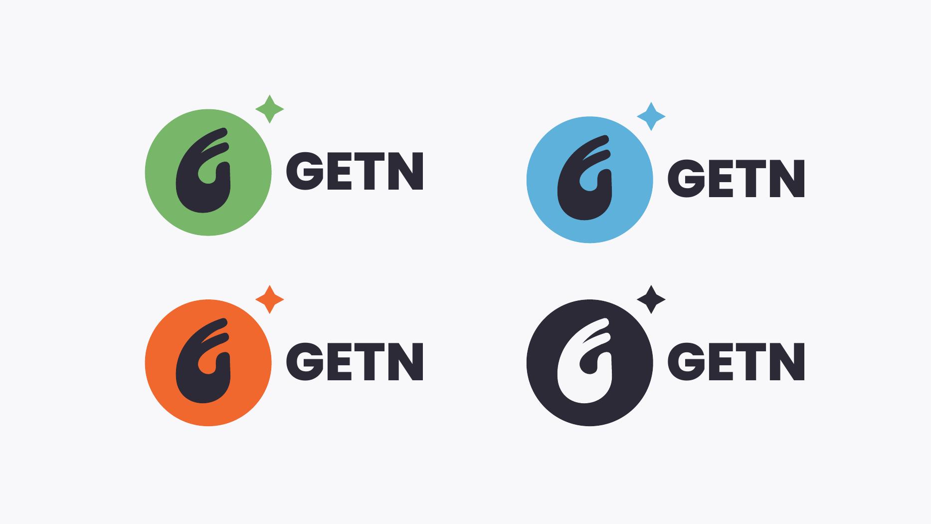 The same hand glyph shown in four orientations, reading as g, e, t, and n