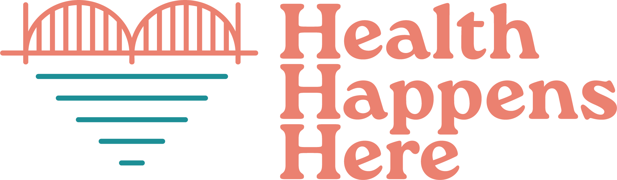 Health Happens Here duotone logo — coral bridge arches with teal reflection lines forming a heart