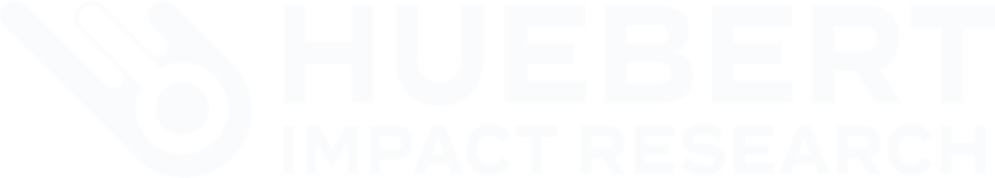 Huebert Impact Research white combination mark on brand blue