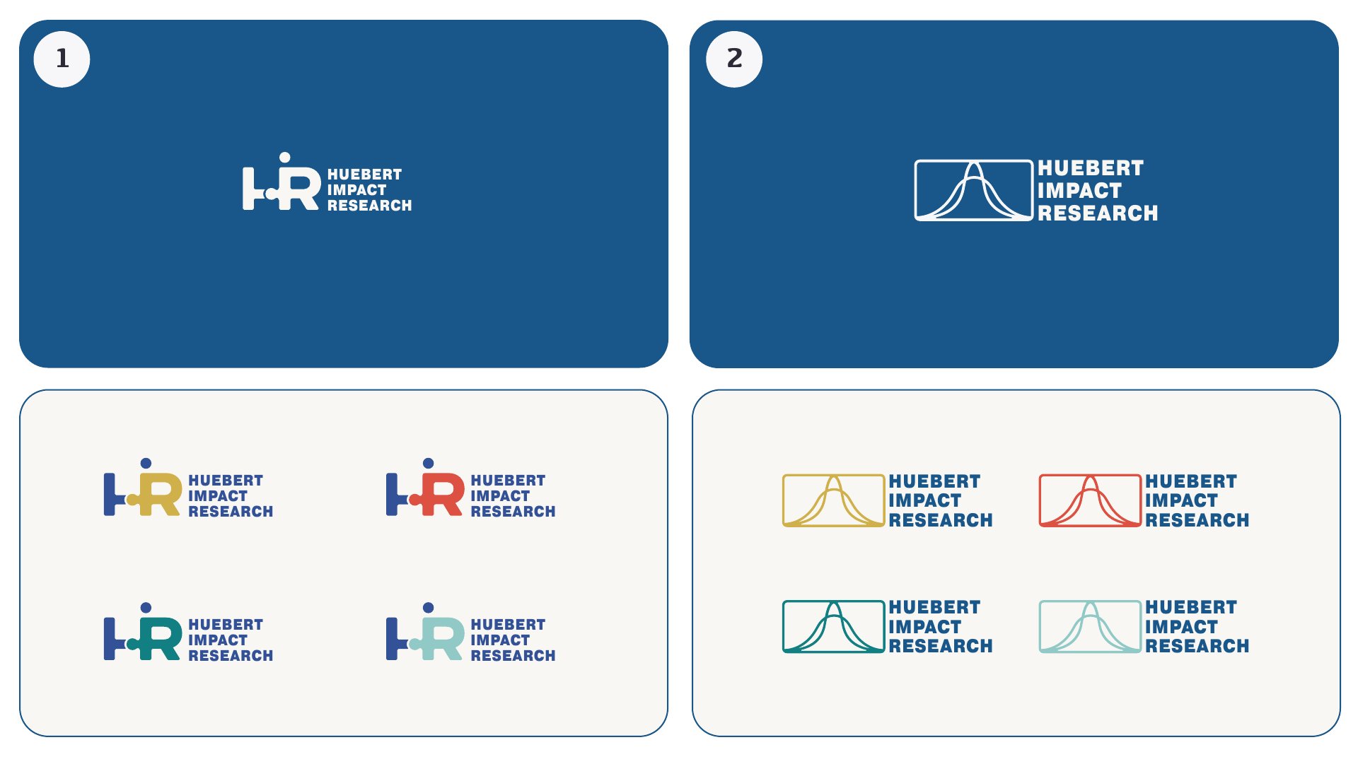 The two round one finalists — puzzle-piece HIR monogram and bell-curve mark — in brand blue and in four accent colors