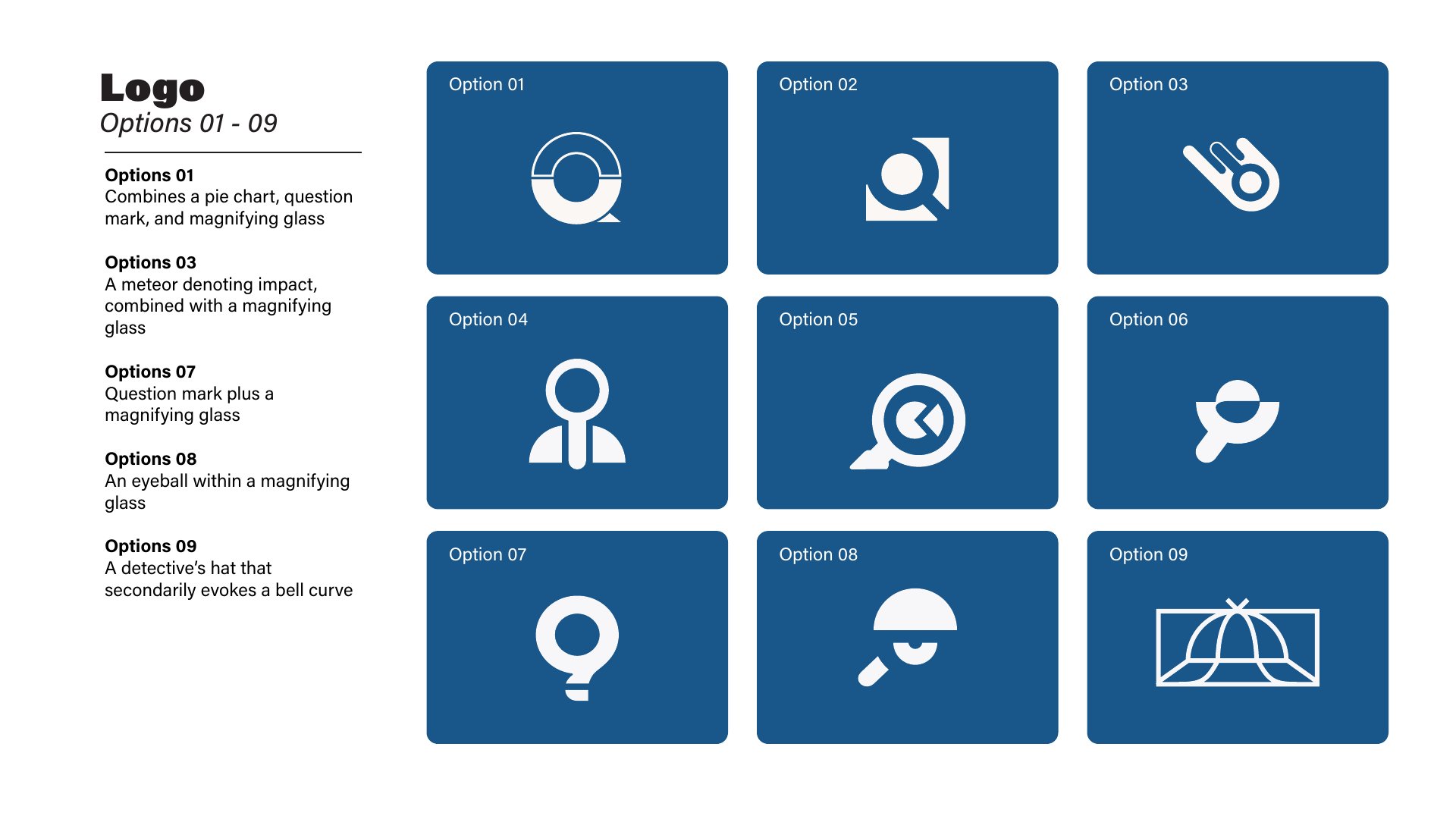 Nine logo options built around a magnifying glass, shown in white on brand blue with short descriptions