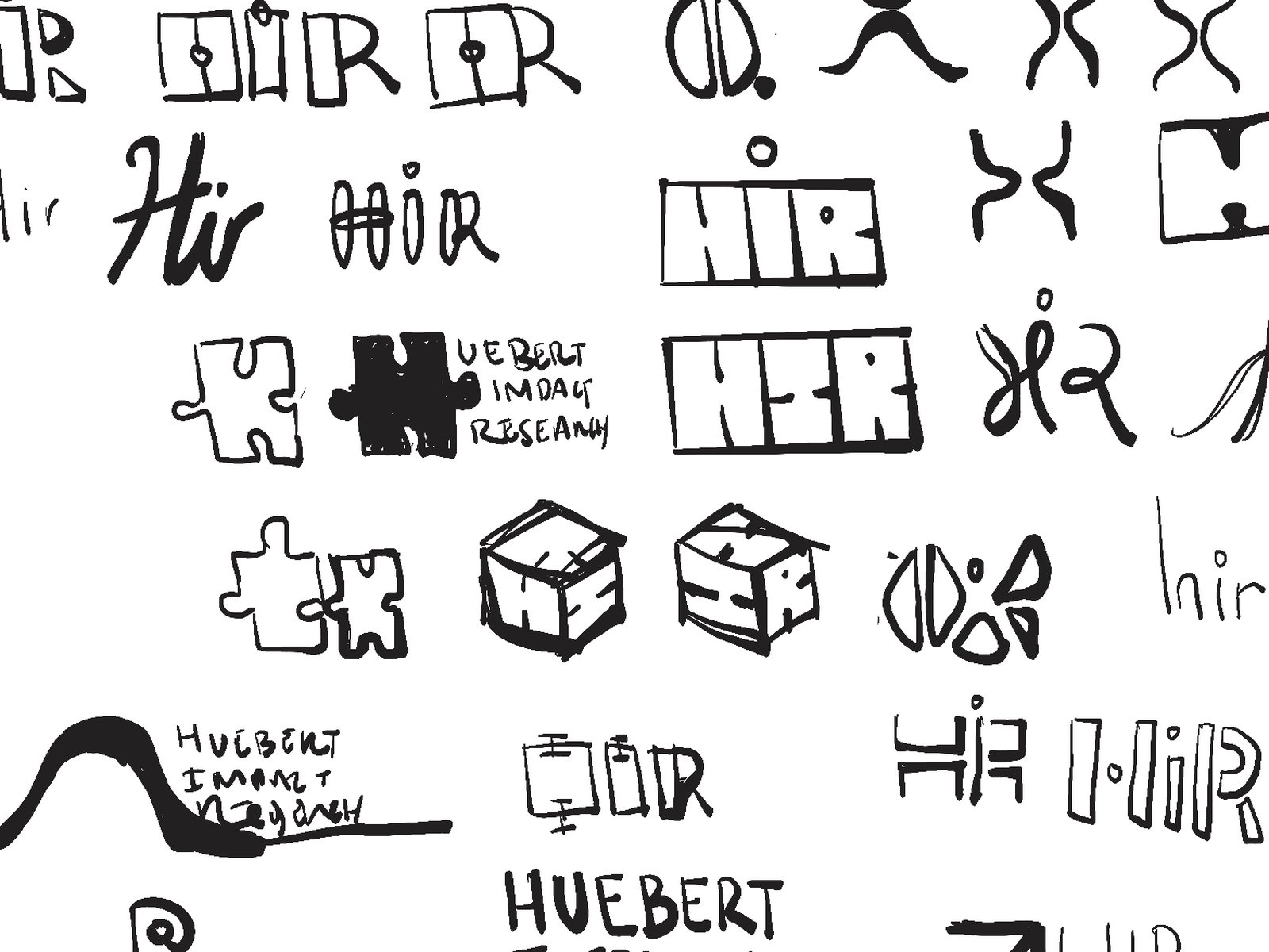 Hand-drawn logo thumbnails — HIR letterforms, puzzle pieces, bell curves, and cube studies