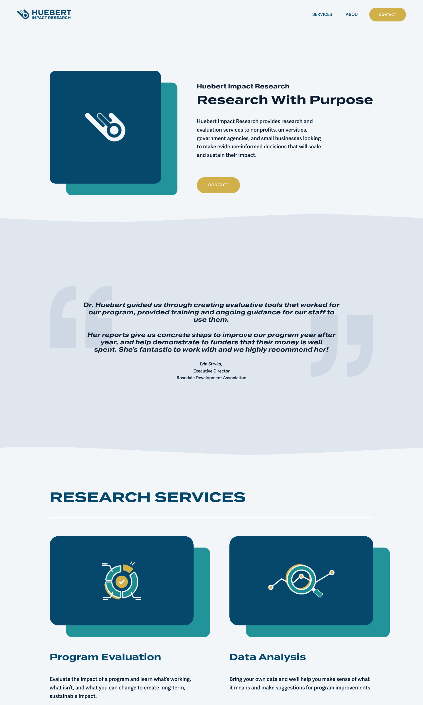 Huebert Impact Research homepage — full scrolling page view with testimonial and services