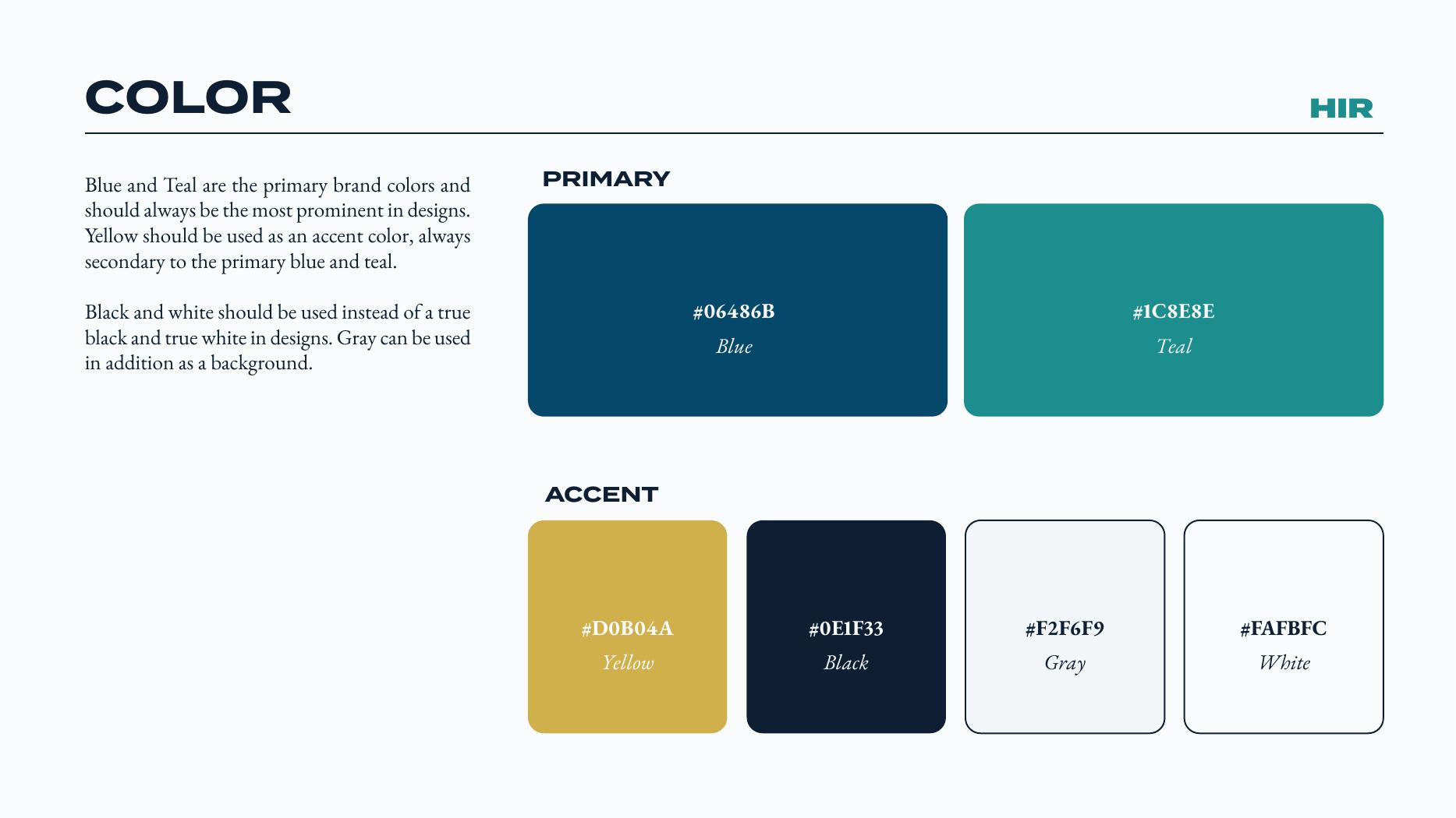 Color page — blue and teal primaries with yellow accent and softened black and white
