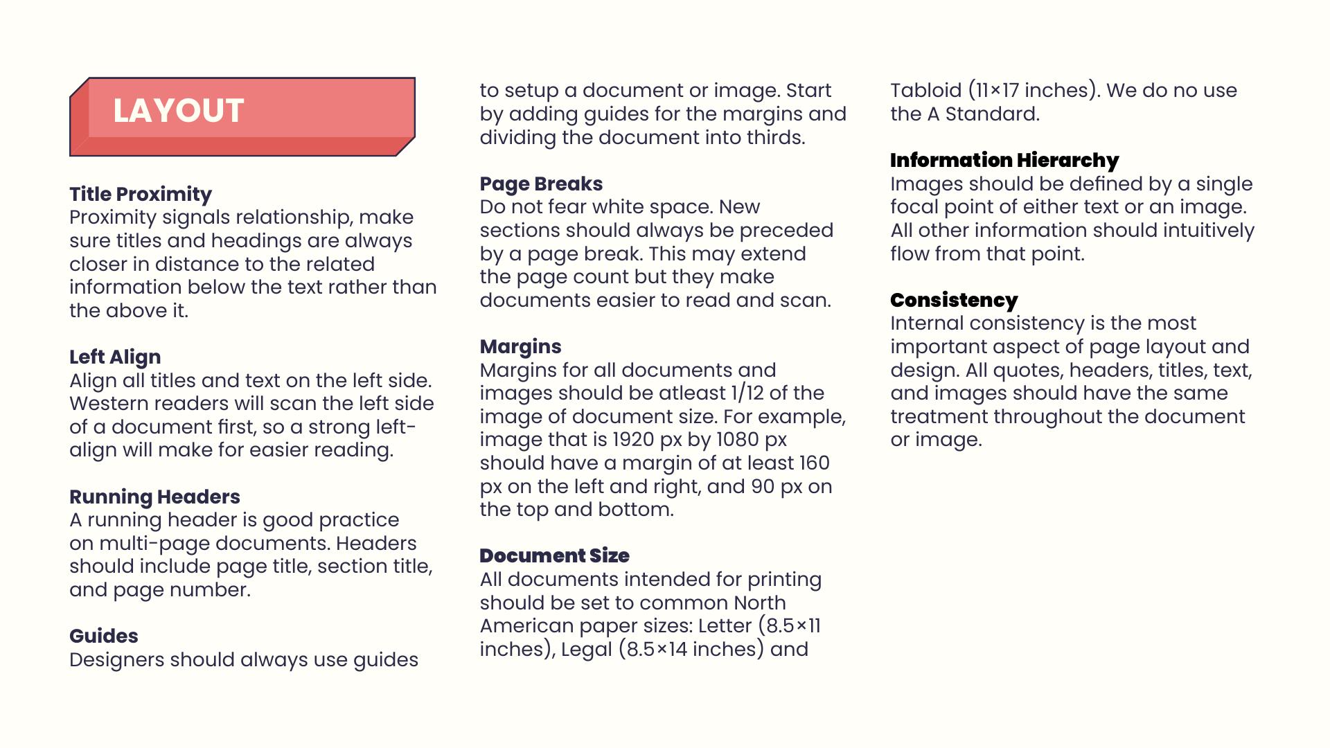 Layout page — title proximity, margins, document size, information hierarchy