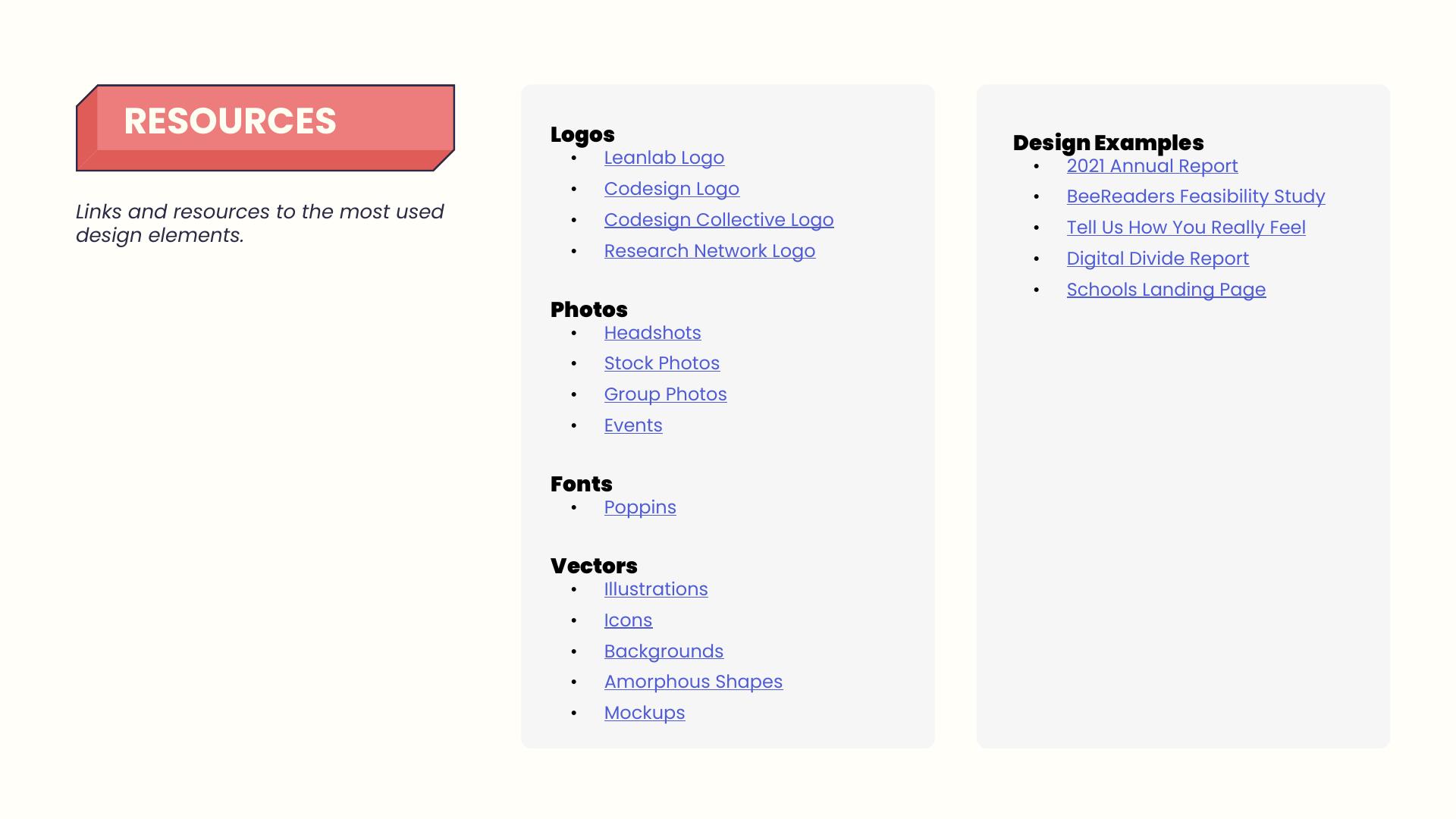 Resources page linking logos, photos, fonts, vectors, and design examples