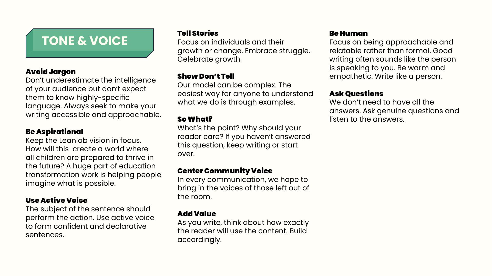 Tone and voice page with six directives