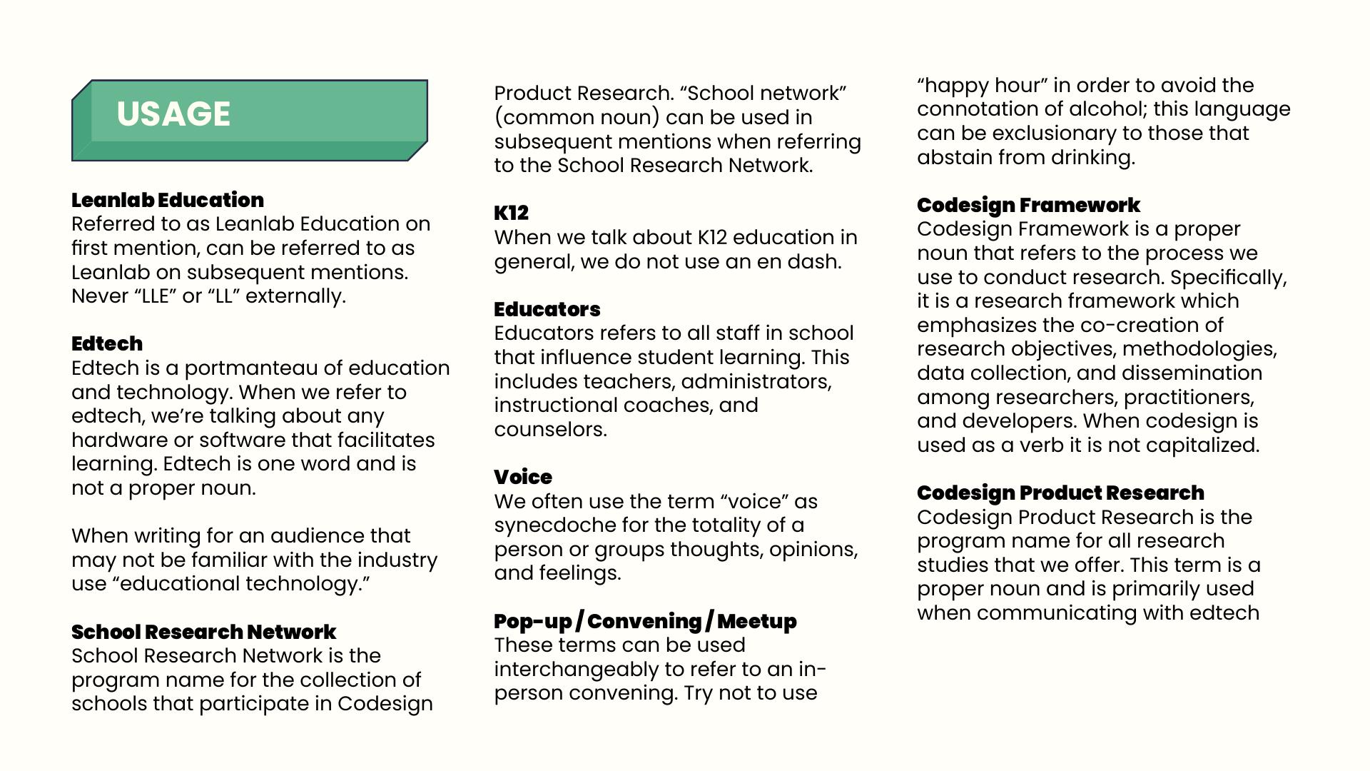 Usage page defining organizational terminology
