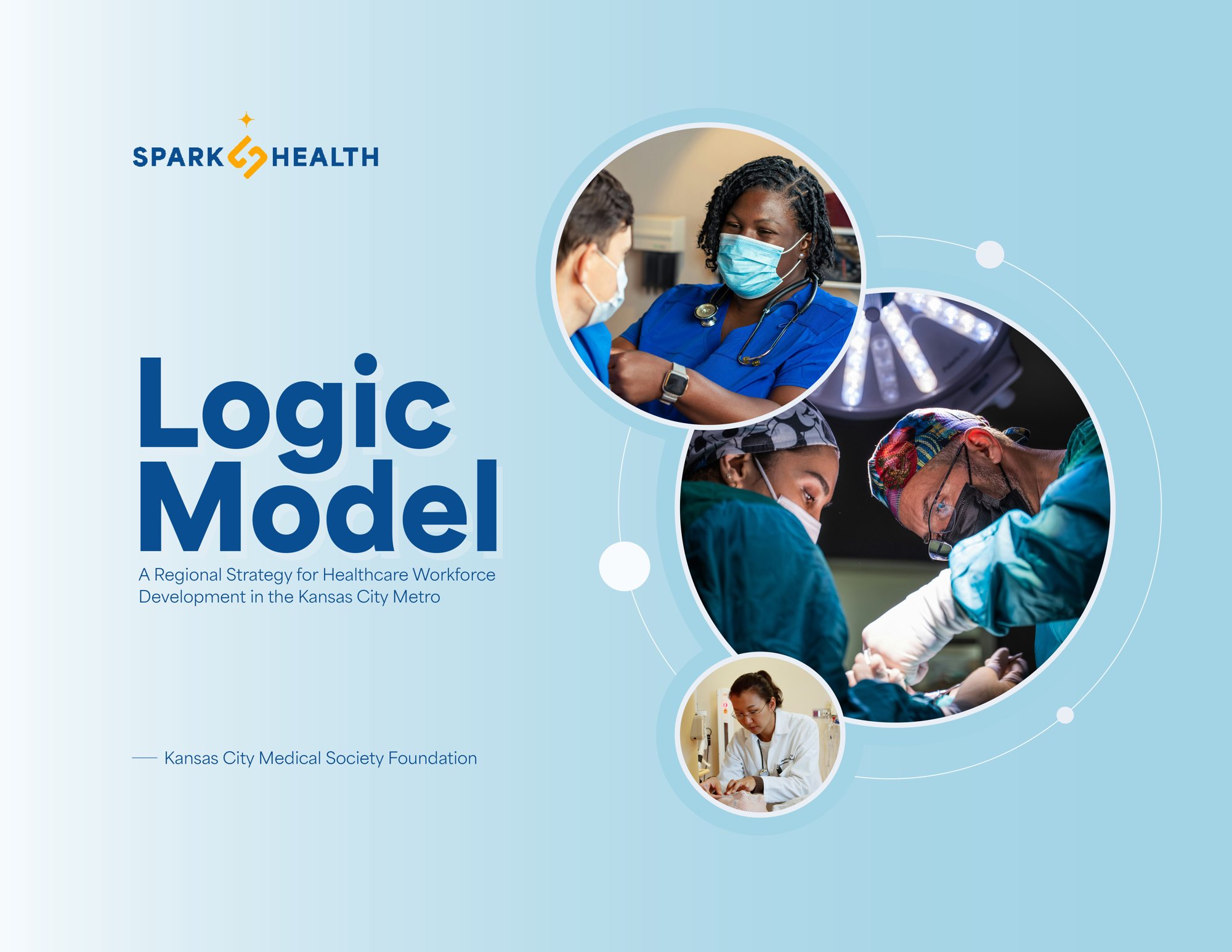 Spark Health logic model cover — horizontal logo above the title Logic Model, with circular photos of healthcare workers