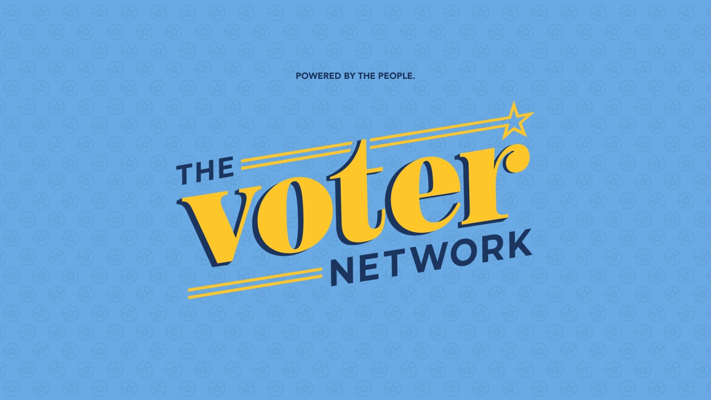 The Voter Network title slide — logo with shooting star on blue