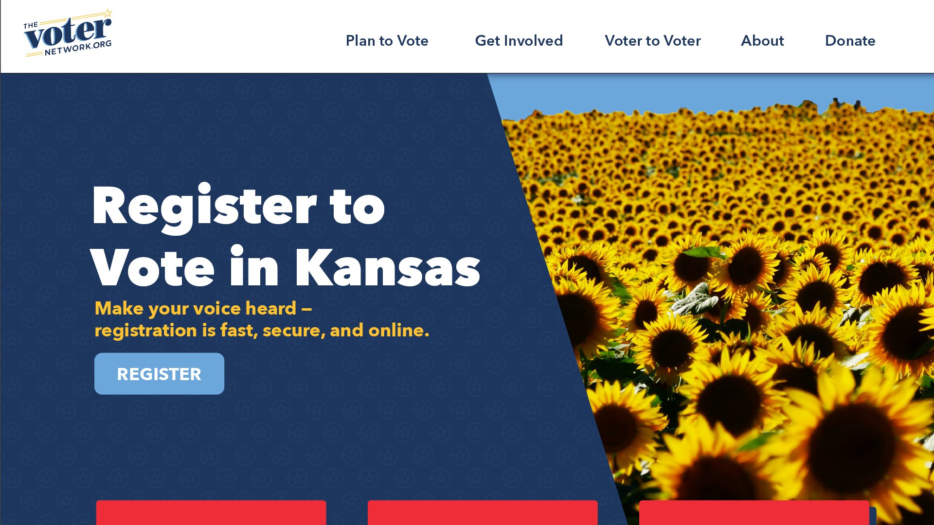 Navy header mockup with a Kansas sunflower field on the right