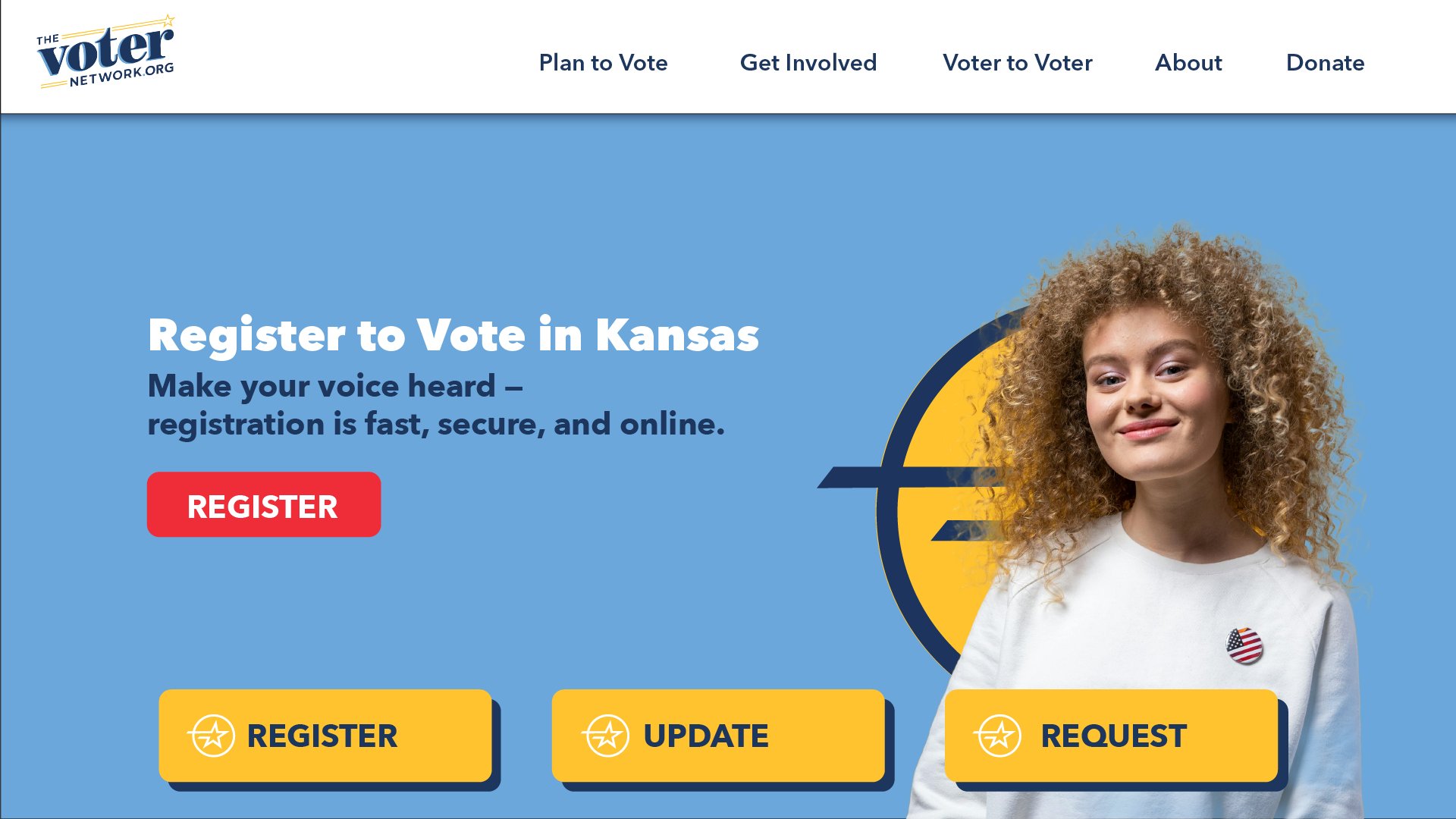 Homepage header mockup — Register to Vote in Kansas on sky blue with a portrait in a yellow circle and Register, Update, Request buttons