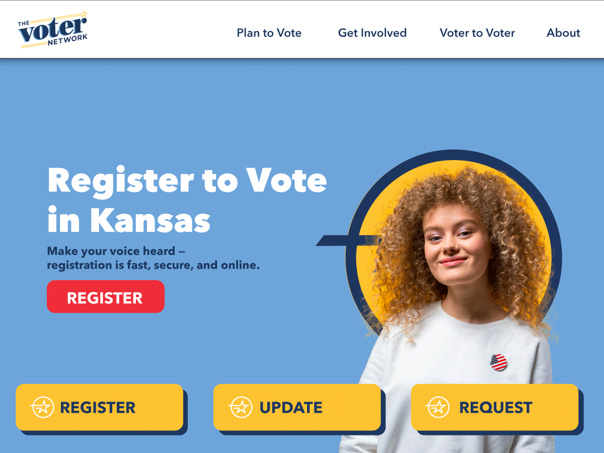 The Voter Network homepage mockup — Register to Vote in Kansas on sky blue with a portrait in a yellow circle