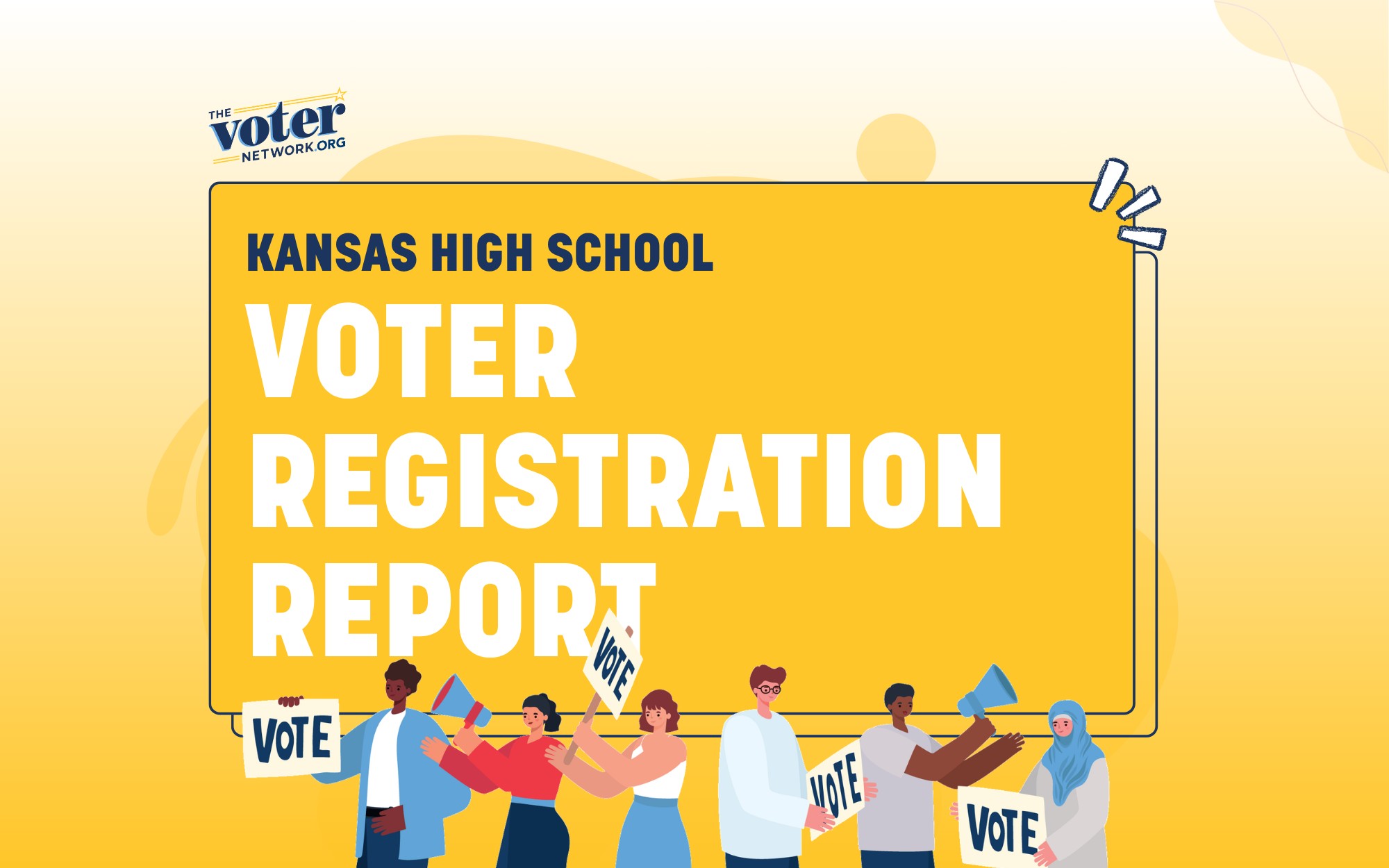 Kansas High School Voter Registration Report cover — title on yellow with illustrated students holding VOTE signs